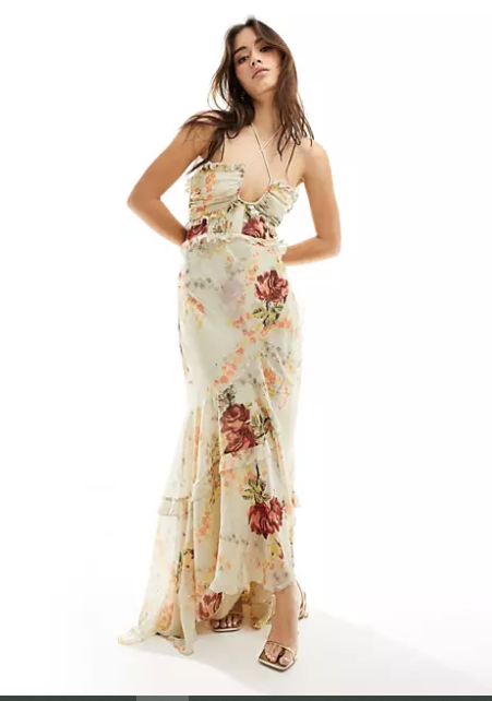 halter ruffle maxi dress with high low hem in cream floral print