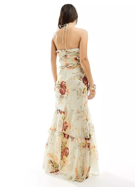 halter ruffle maxi dress with high low hem in cream floral print
