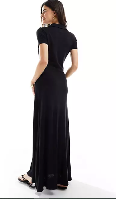 collared linen look maxi tea dress with button front in black