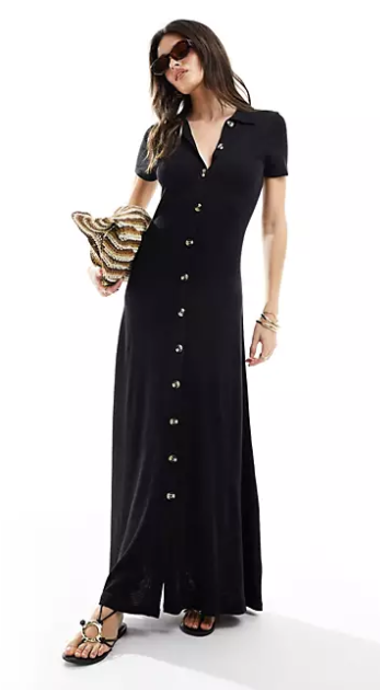 collared linen look maxi tea dress with button front in black